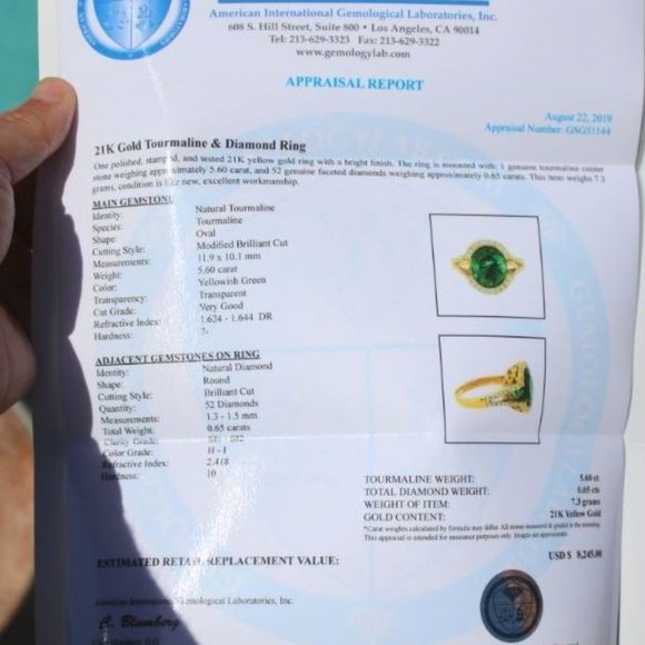 Green Tourmaline 5.60ct Diamonds 21k Gold Ring - Picture 3 of 9